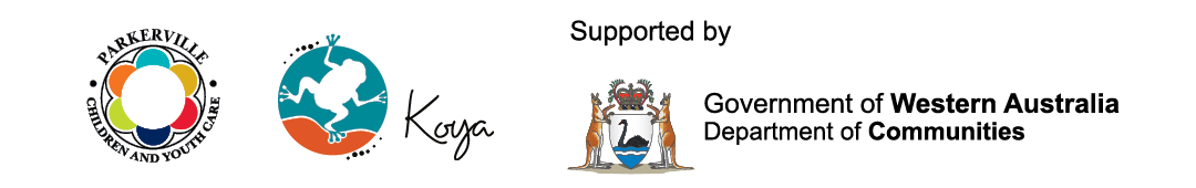Parkerville logo, Koya logo, Supported by Department of Communities logo